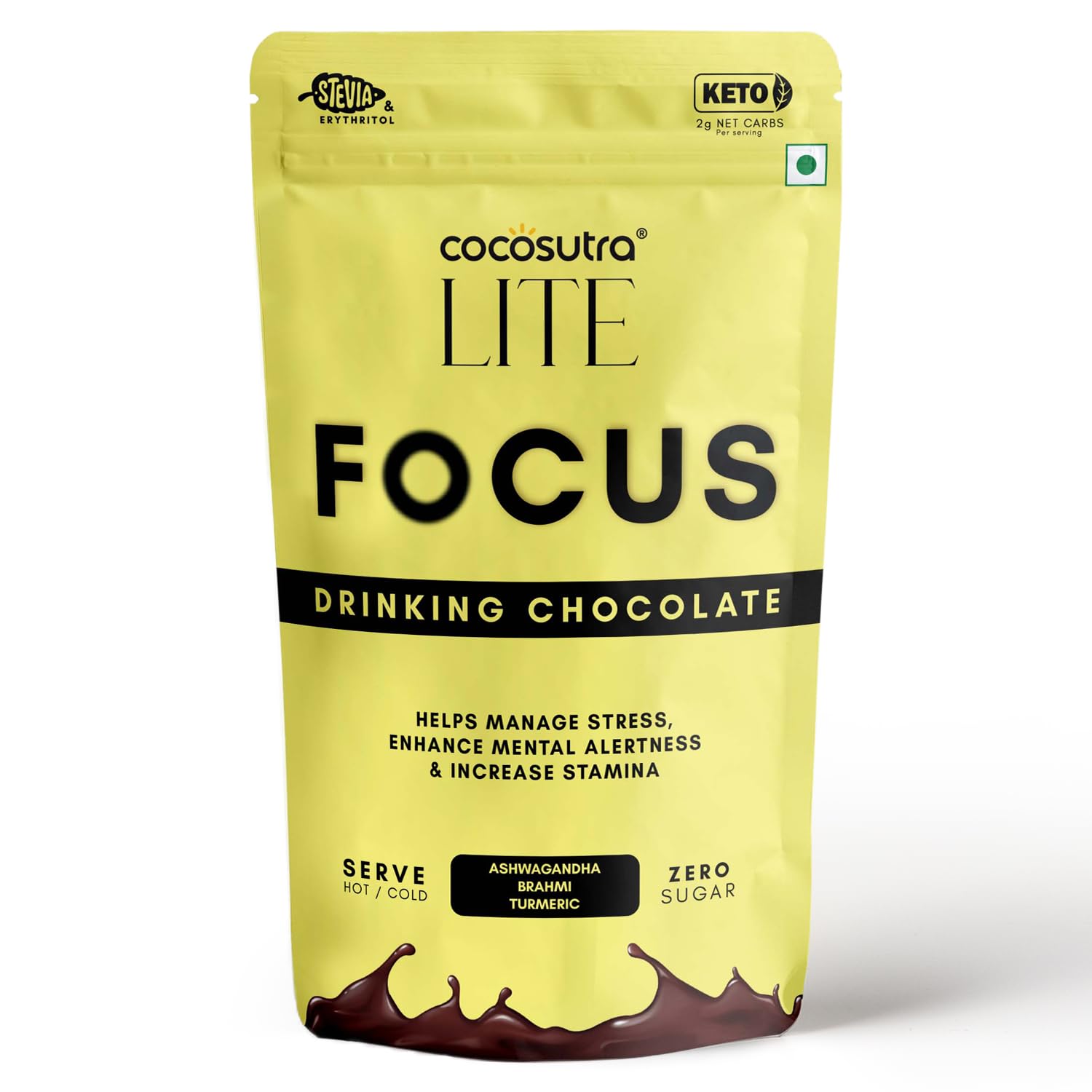 COCOSUTRA LITE | FOCUS - Sugar Free Ashwagandha Drinking Chocolate Mix | Enhances Mental Alertness & Reduces Stress | Vegan | Keto Friendly | Enjoy hot or cold | 200 g