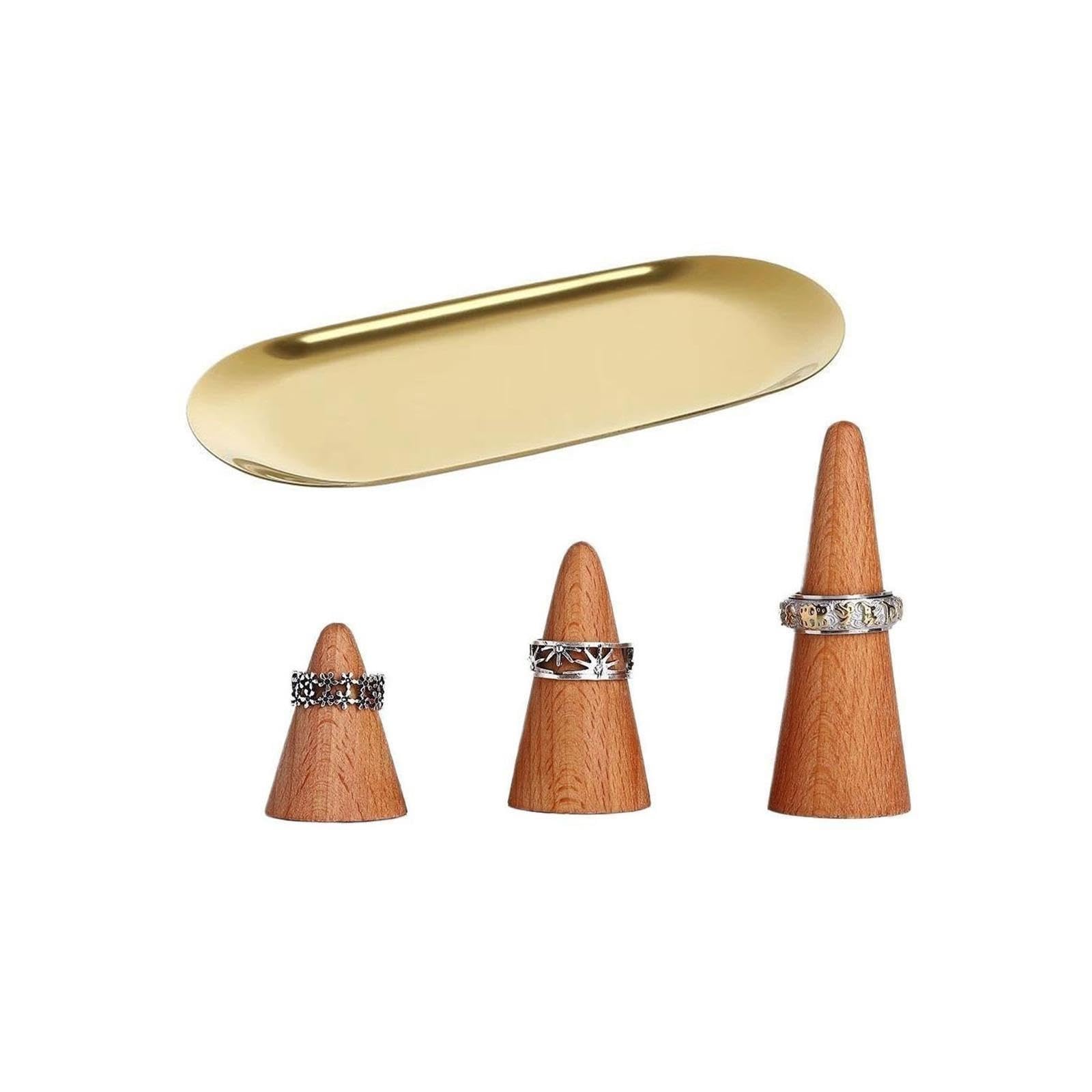 Organisateur de Bijoux Ensemble de cônes Porte-Anneaux en Bois avec Plateau Acier Inoxydable