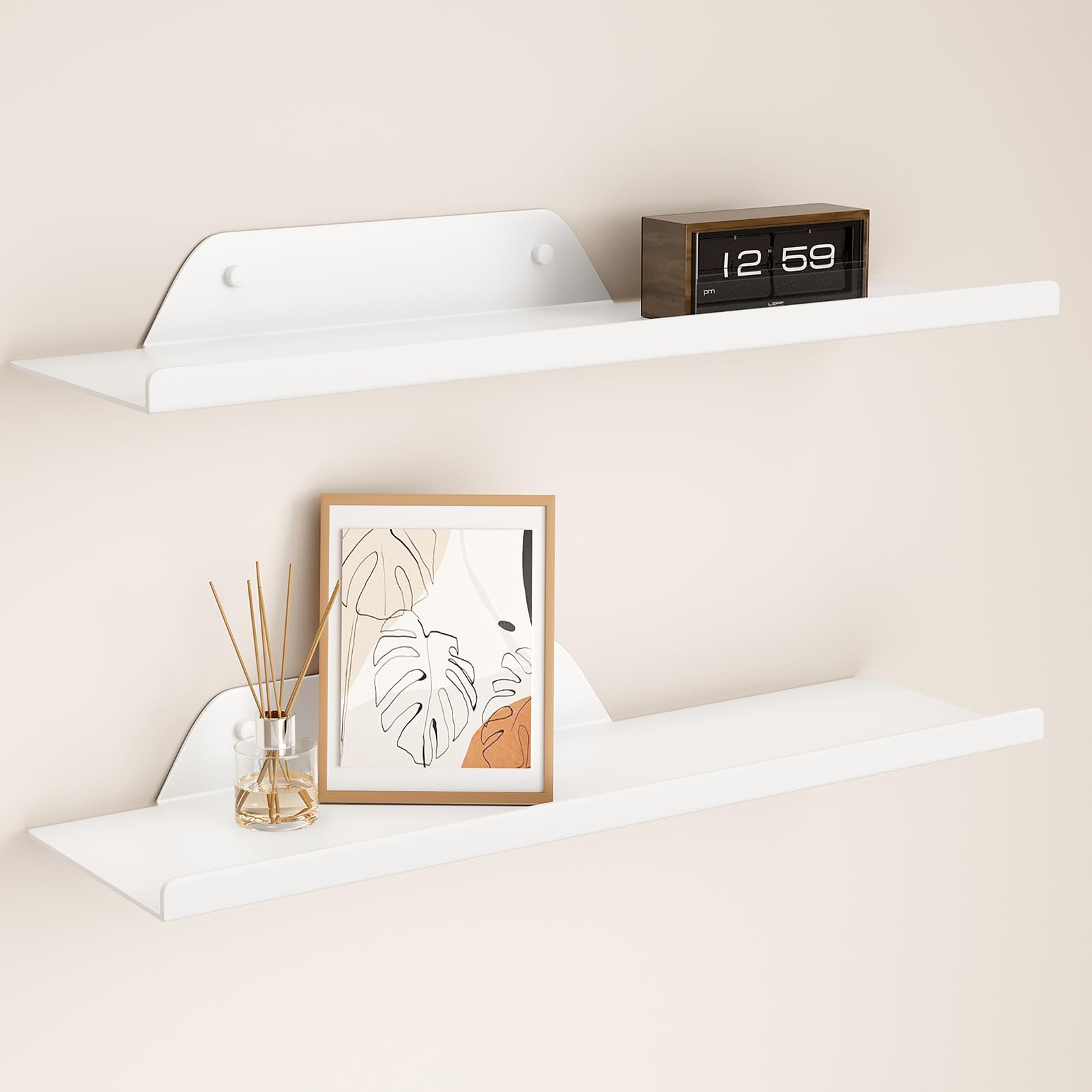 dancrul Floating Shelves for Wall, Off Center Metal Shelves for Living Room, White Floating Shelves for Wall Decor, 16” Hanging Shelves for Bedroom