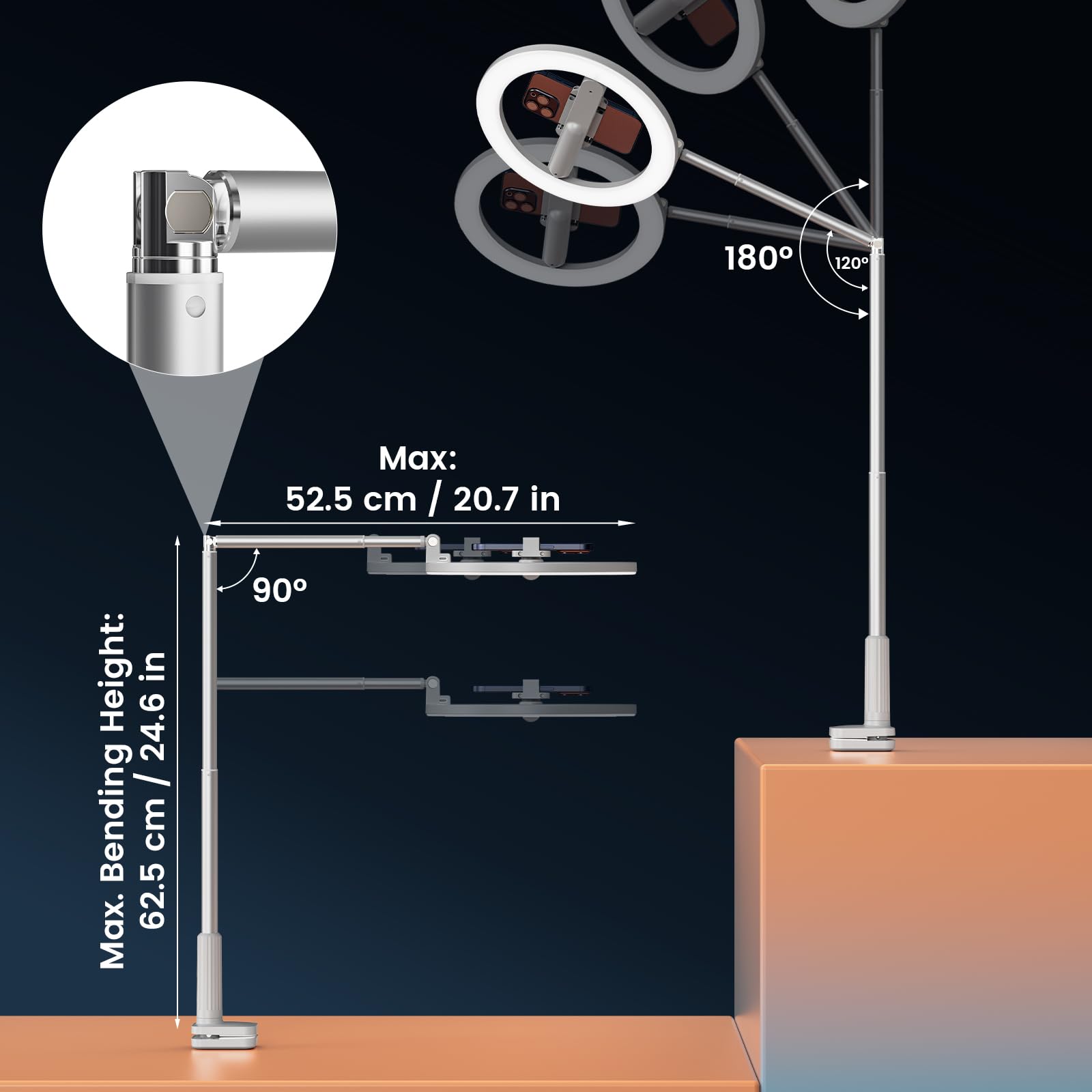 AIXPI Supporto per telefono con luce ad anello, anello luminoso regolabile da 10 pollici con supporto e supporto per telefono, treppiede con telecomando, supporto pieghevole per selfie iPhone/Android