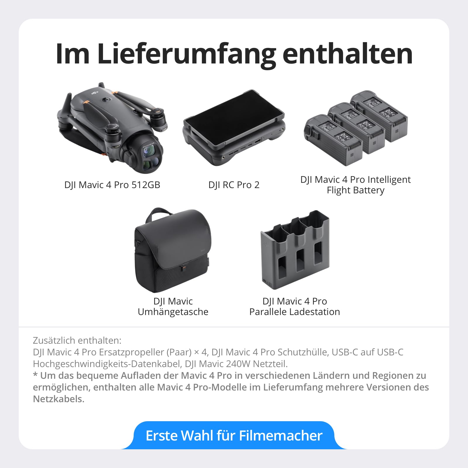 DJI Mavic 4 Pro 512GB Creator Combo, Drohne mit DJI RC Pro 2, Flaggschiff Triple Kamera Drohne mit 100 MP 4/3-CMOS-Hasselblad-Kamera, 51 Min. max. Flugzeit, drei Akkus, Ladestation und mehr