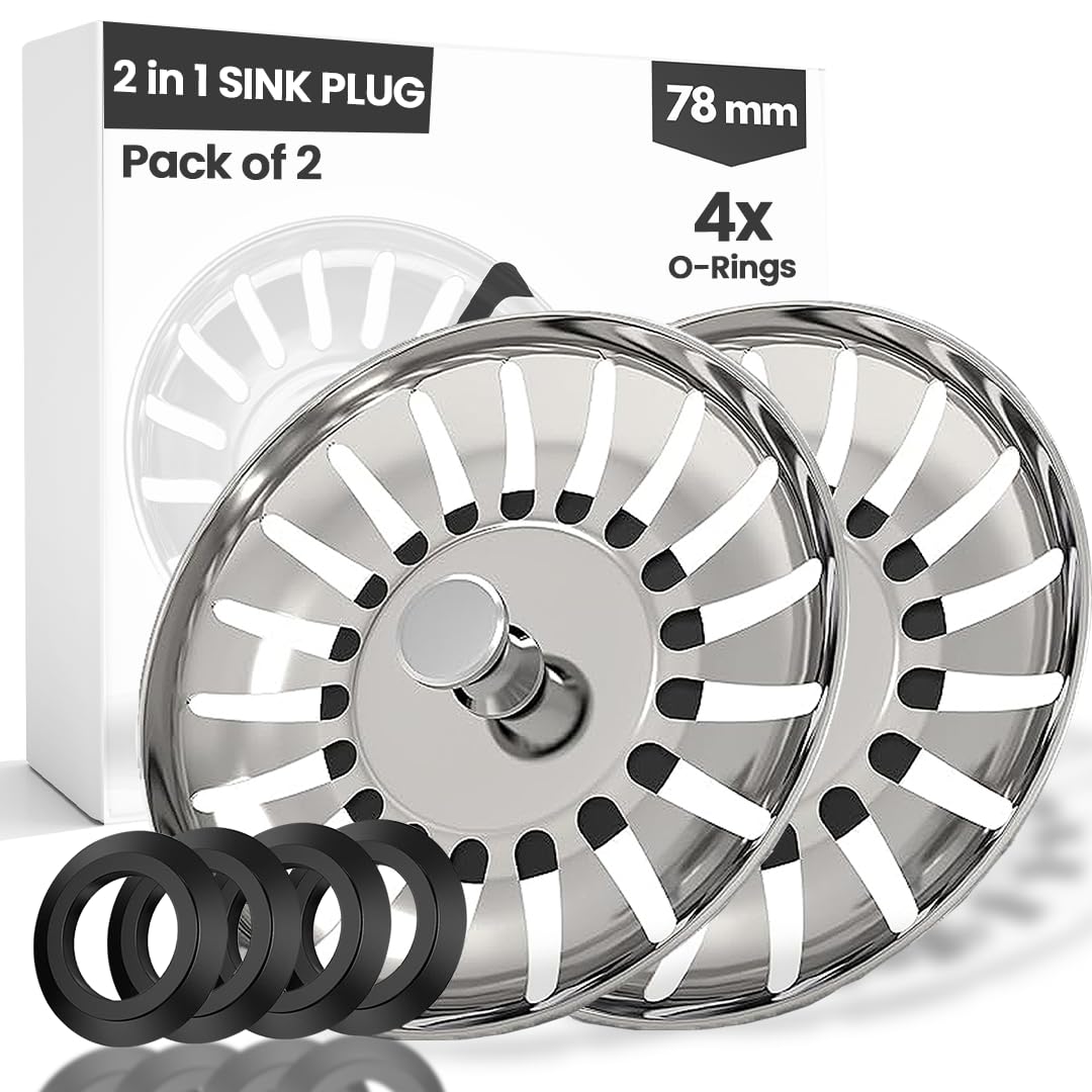 Fixciti 78mm/2Pcs Sink Strainer UK Plug - Stainless Steel, Anti-clog Kitchen Sink Plug Replacement With 4 Rubber Seals - Dual Functional Sink Drain Strainer - Food Catcher, High Flow Strainer