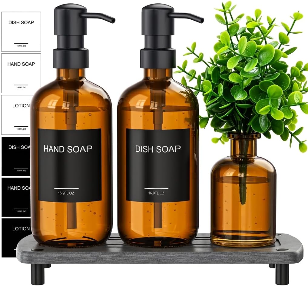 Cisily Modern Soap Dispenser Set with Plants, Amber Glass Soap Dispensers with Pump, Decorative Hand and Dish Soap Dispenser Set, Soap and Lotion Dispenser Upgrade for Kitchen and Bathroom Decor