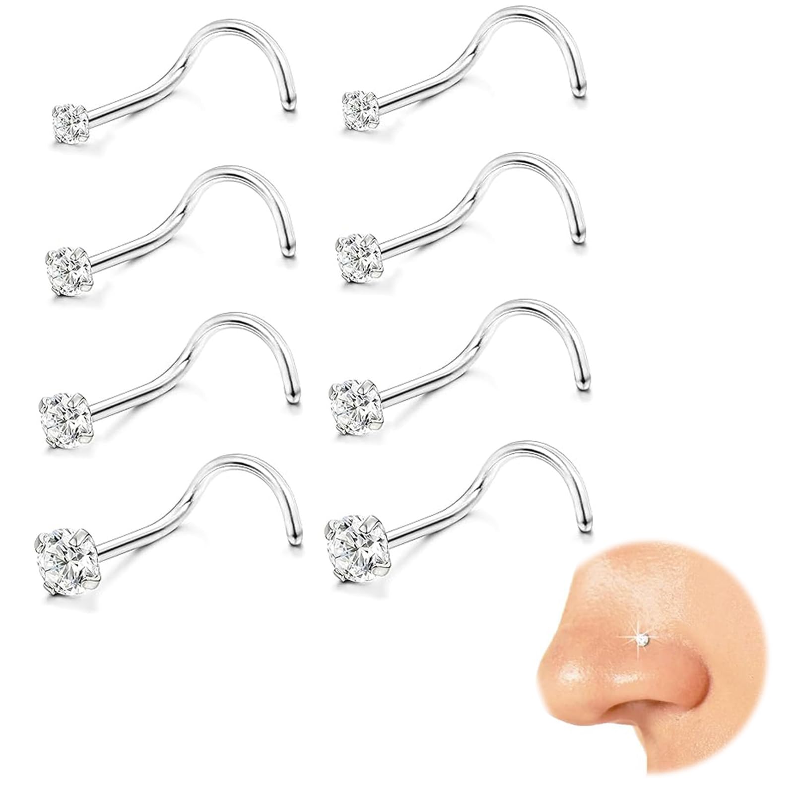 Kabwea 8 piezas 316L piercing en la nariz, acero quirúrgico, hipoalergénico — view 8