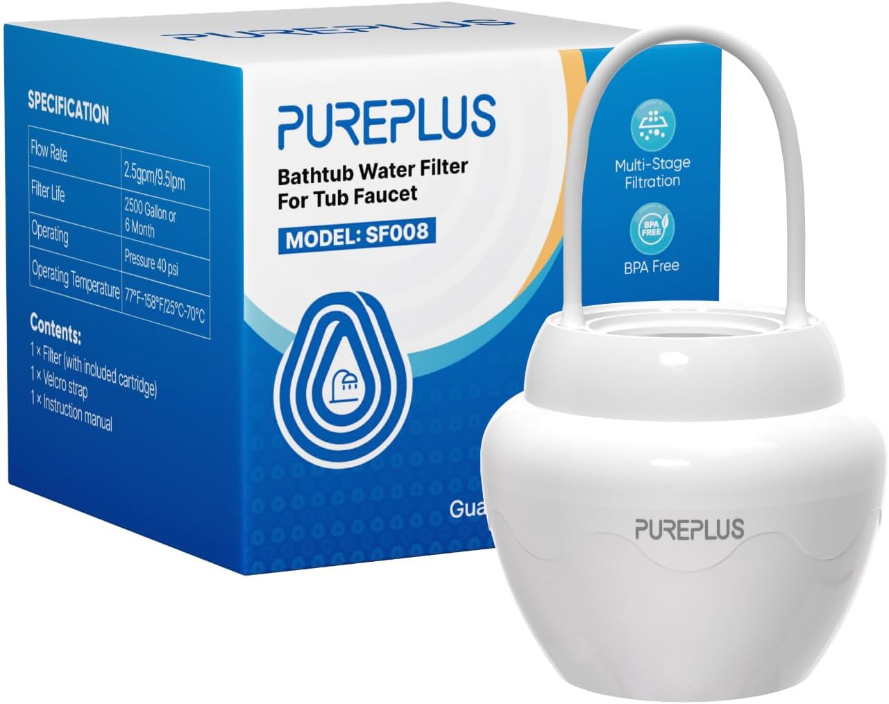 PUREPLUS Bathtub Bath Water Filter for Tub, 11 Stages Kinder Filter for Bathtub, 2500 Gallons Filtration,Reduces Chlorine & Heavy Metals, Removes Contaminants for Softer Skin and Hair, BPA Free
