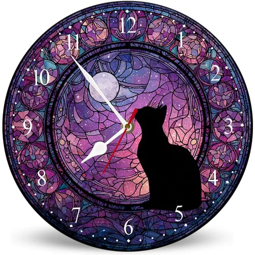 Horienteeon Purple Glass Black Cat Wooden Clock 25cm Silent Non-Ticking Battery Operated Wall Clock, Rustic Halloween Decor Battery Operated Wall Clocks for Home Decor Living Room Kitchen