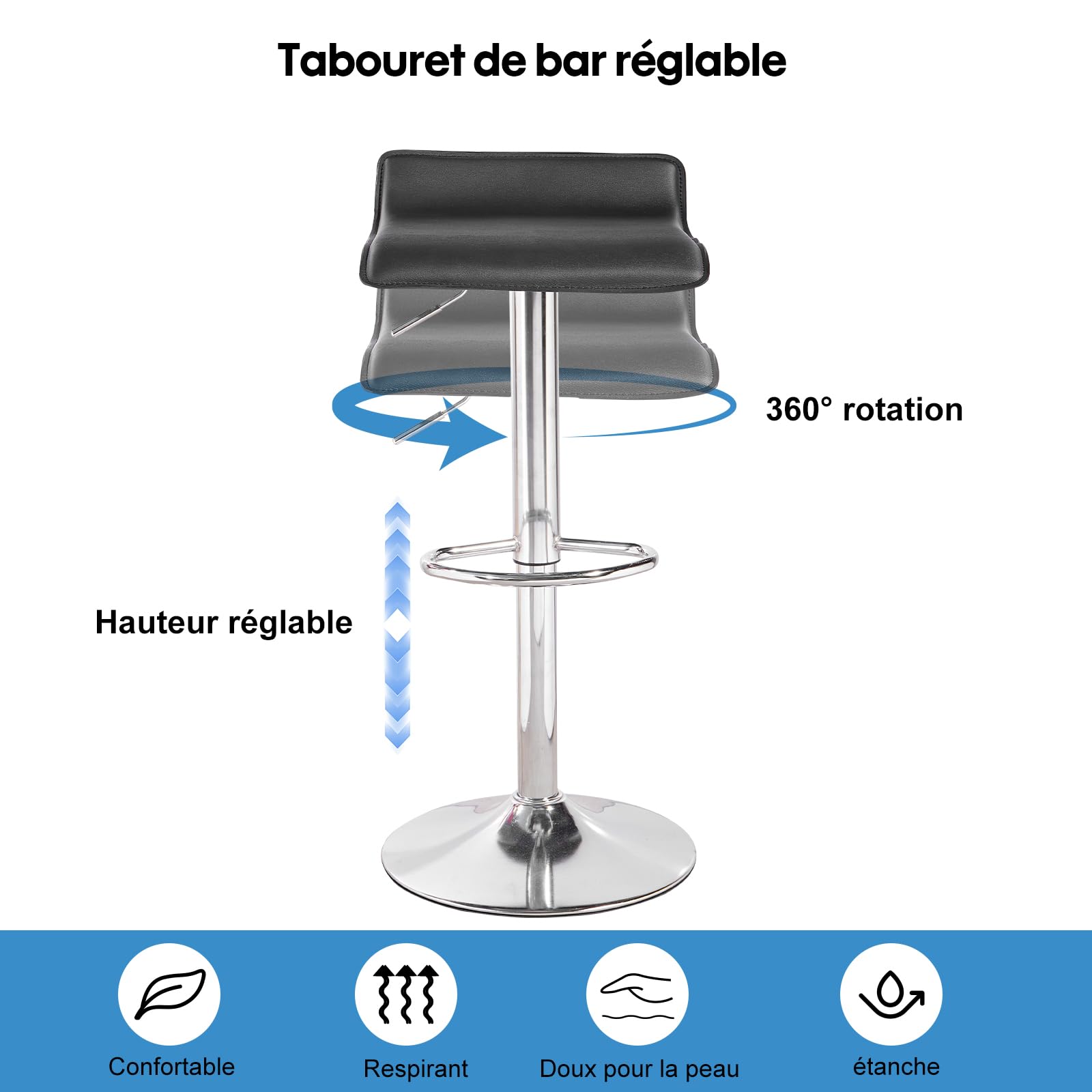 Panana Lot de 2 Tabourets de Bar, Chaises Haut, Hauteur Réglable, Revêtement en PU, Rotatif sur 360°, avec Dossier et Repose-Pieds, Pied Chromé, 39 cm (L) x 40 cm (l) x 67-87 cm (H) (Noir)