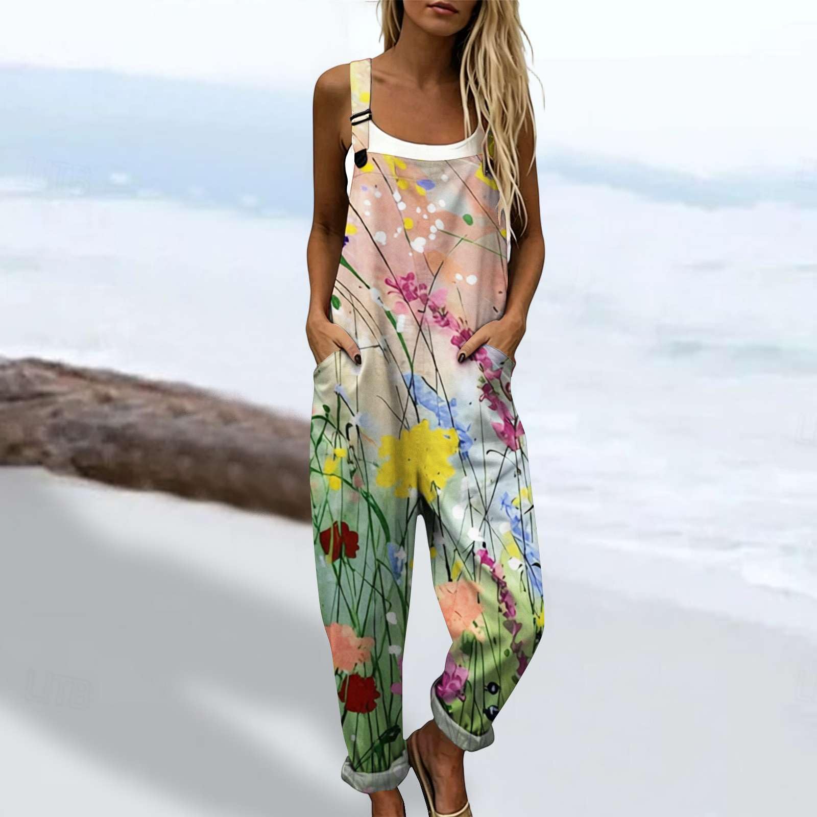 Generico Salopette Donna Intera Estiva Tuta Lunga Elegante Boho Chic Stampa Fiori Pantaloni Gamba Larga Ample con Tasche Bretelle Regolabili Comoda Baggy Curvy Mare Spiaggia Vacanza