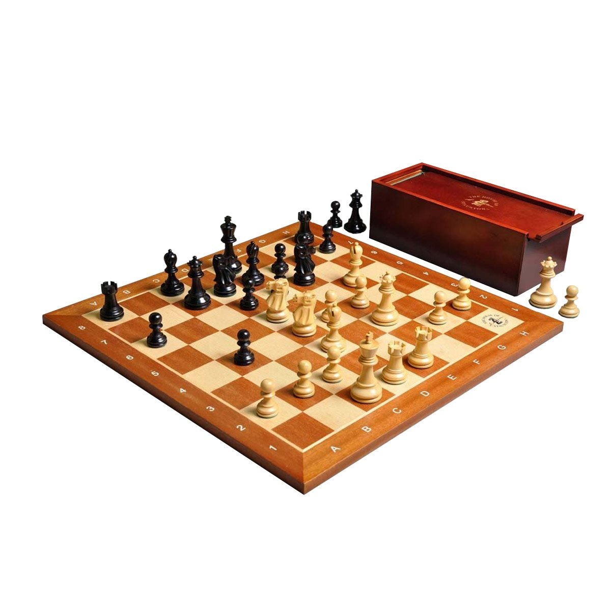 The Legend Series Chess Set, Box & Board Combination - Ebonized Boxwood and Natural Boxwood - by The House of Staunton