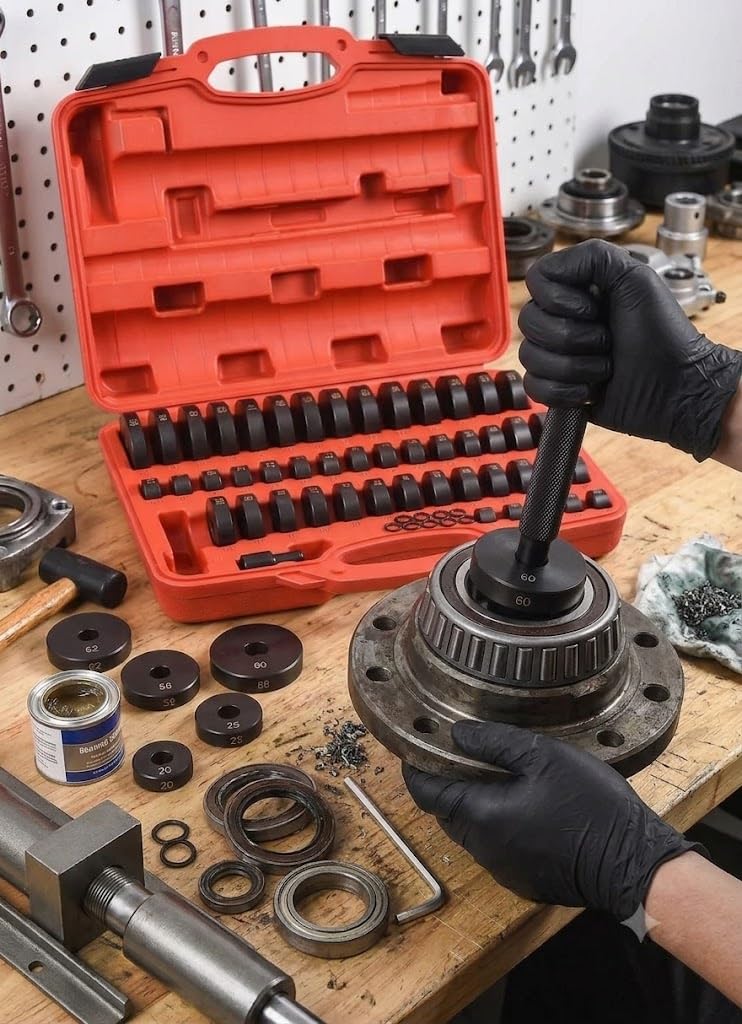 DHA 52-TLG Radlager Druckstück Treibsatz Lagerschalen Eintreiber für Buchsen Simmerring Lagerpresse Werkzeug, KFZ Lager Einpressen und Auspressen Presse Satz 18–65 mm
