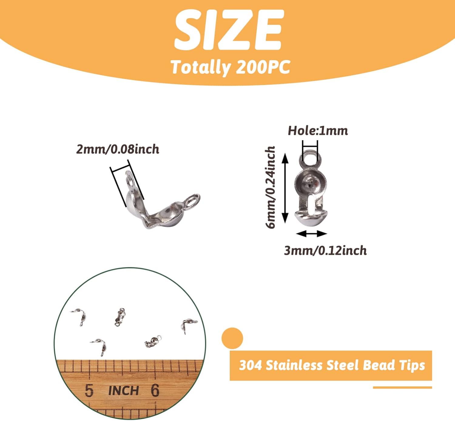 200 Pcs 304 Stainless Steel Bead Tips Knot Covers, Clamshell Crimp Bead Caps for Jewelry Making, 5x3mm Hole:1mm - Image 6