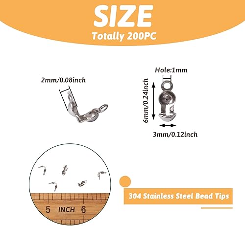 Miniatura 6 de 200 piezas de 304 puntas de cuentas de acero inoxidable 304 cubiertas de nudo, tapas de cuentas de crimpado para hacer joyas, agujero de 0.197 x