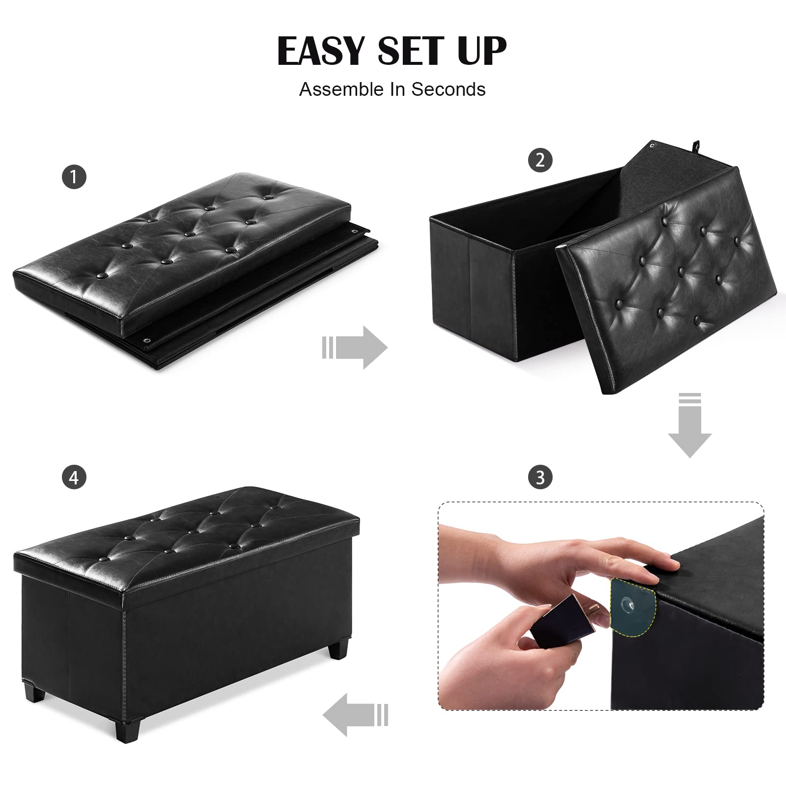BRIAN & DANY Sitzbank mit Stauraum, Faltbar Sitzhocker mit Beinen, sitztruhe hocker mit stauraum, für Wohnzimmer Schlafzimmer Flur, Schwarz, 76 x 38 x 38 cm
