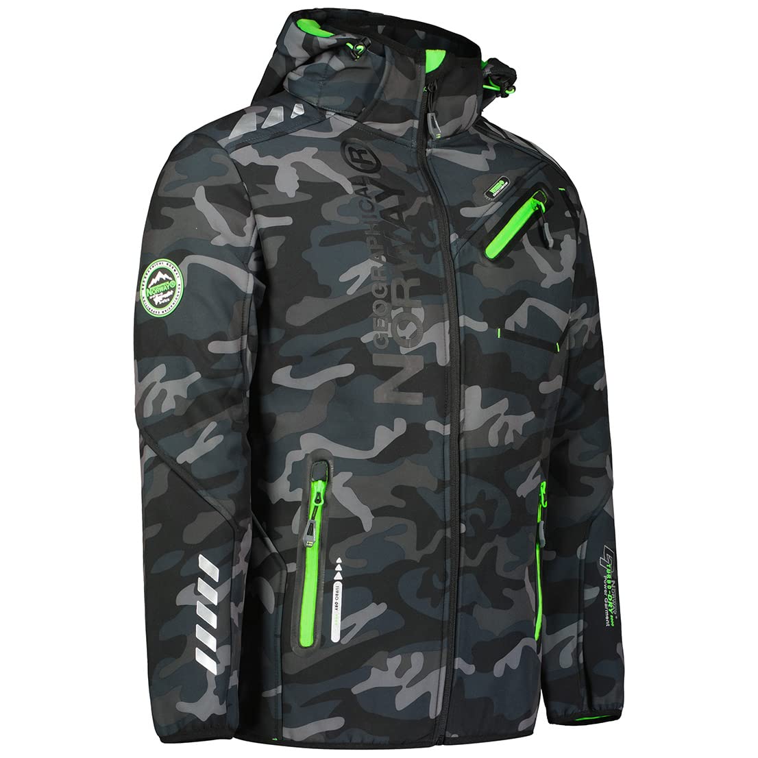 Geographical Norway Royaute Men Distribrands - Giacca Softshell impermeabile uomo - Giacca cappuccio traspirante all'aperto vento tattica resistente all'inverno (Camo_Nero_Verde L)