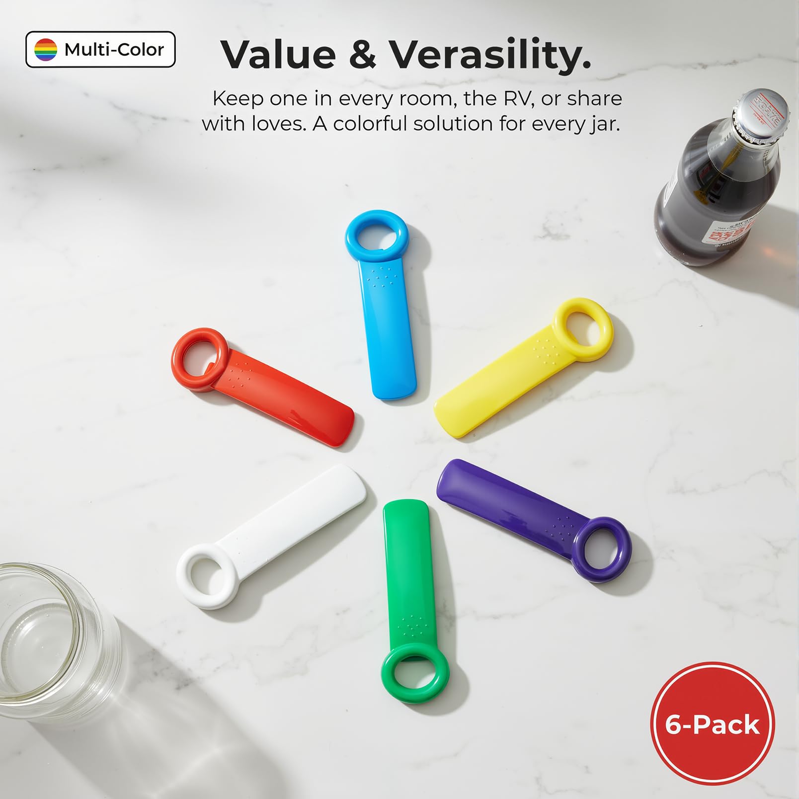 Juego de 6 abridores de tapa de plástico coloridos de fácil agarre, herramientas de cocina de 5.5 pulgadas para manos débiles