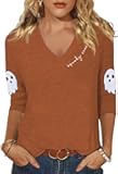 Casual 3/4 Sleeve V Neck Shirt for Women Funny Holiday Graphic Tee Fall Winter Loose Fit Tops