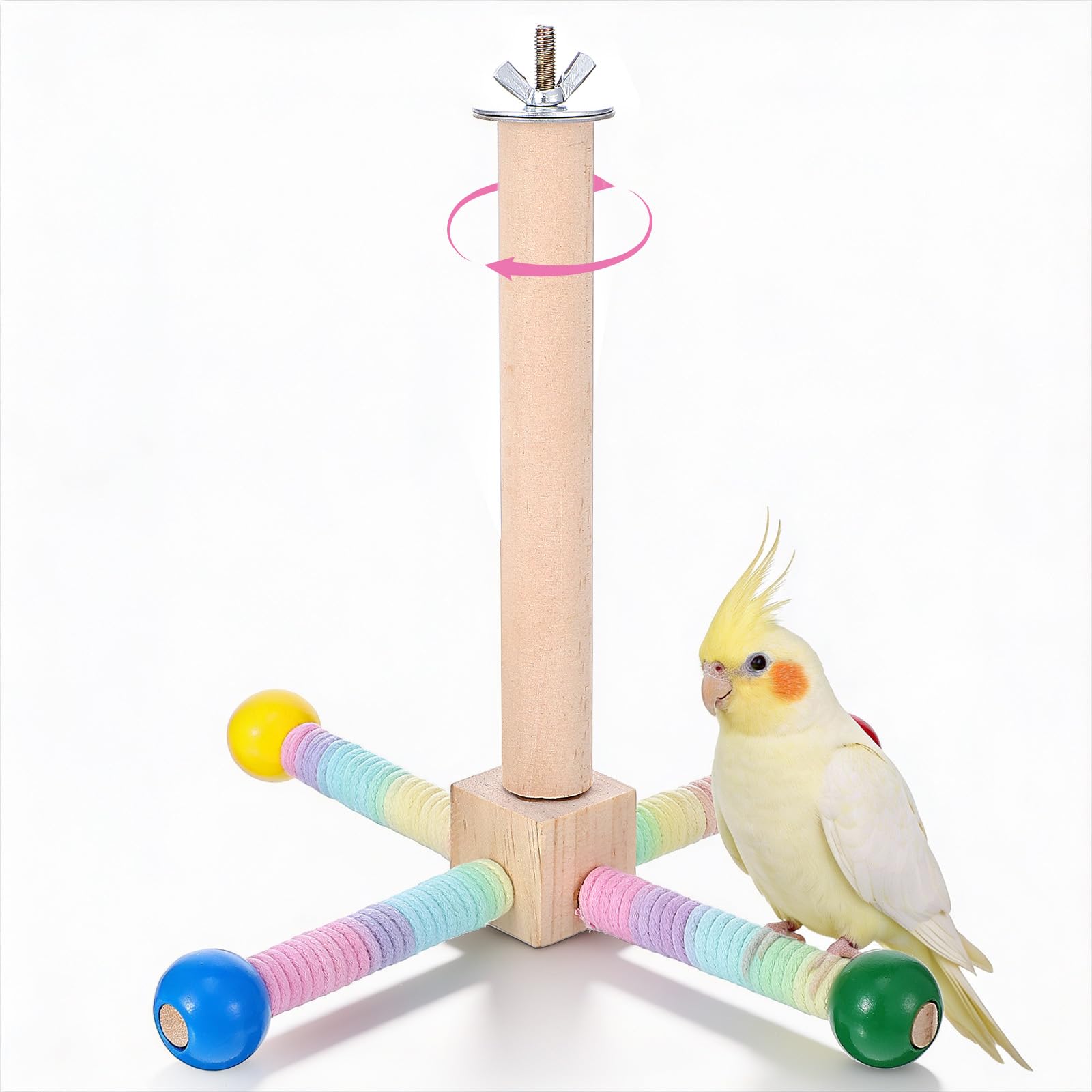 Budgie Rotating Perch, Budgie Toys Rotating Parrot Perch Toy with Chew Ball - Bird Cage Accessories for Small and Medium Birds - Natural Wood and Cotton Rope Parakeet Toys and Accessories