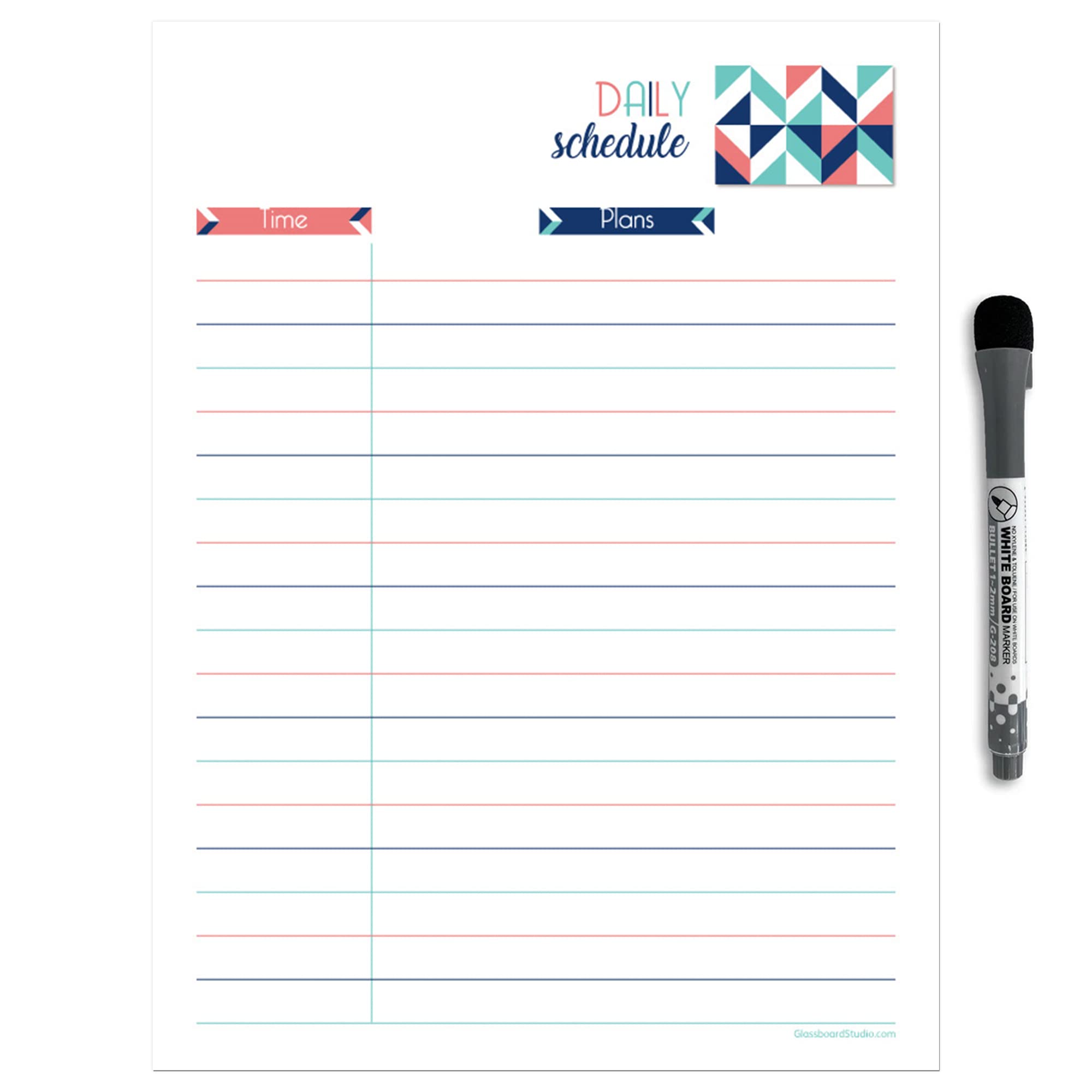 Dry Erase Daily Schedule Planner Sticker Decal by Glassboard Studio | Removable & Reusable | Magnetic Fine-Tip Marker Included (9 x 12 inches,