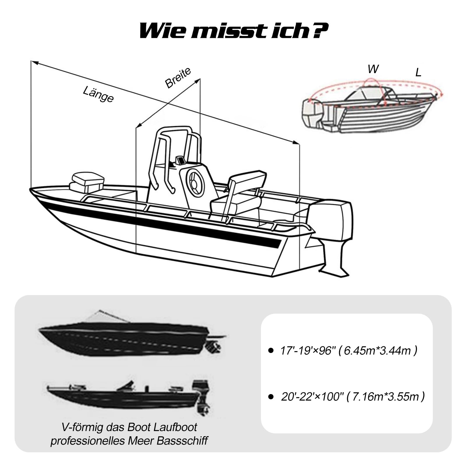 Ergocar Bootsabdeckung Für Mittelkonsolenboote 600D Oxford-Gewebe Strapazierfähige V-Rumpf-Staubschutzabdeckung Mit Aufbewahrungstasche Geeignet Für Boote Von 17 Bis 19 Fuß Und 20 Bis 22 Fuß