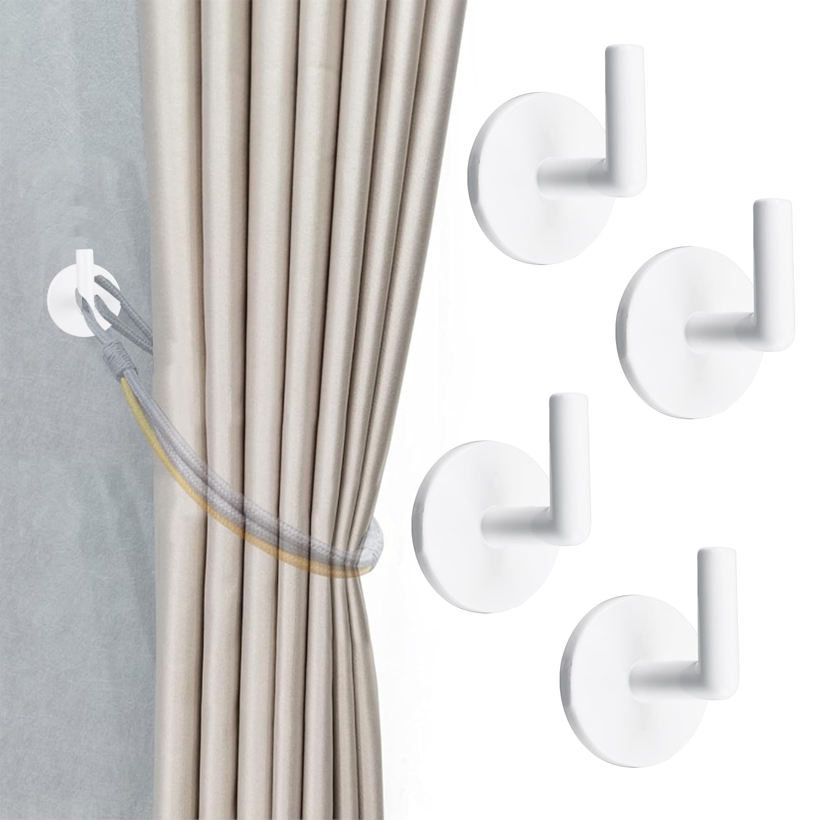 INCREWAY 4PCS Curtain Holdbacks, Self Adhesive Wall Mounted Drapery Tieback Holders Non-Trace Stick Metal Wall Hook Storage Holder Curtain Hooks Hanger for Home Decor（White）