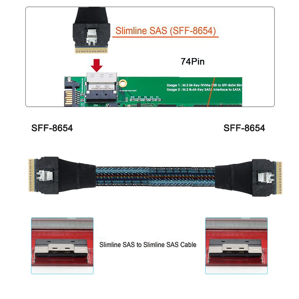 PCI-E Slimline SAS 4.0 SFF-8654 8i 74pin host a SFF-8654 74Pin Slim SAS Cable de destino 50 cm