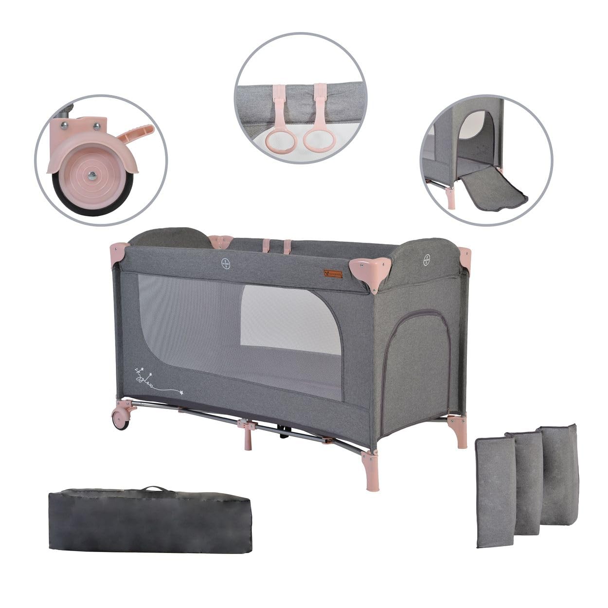 Lit Parapluie de voyage Cangaroo 'Skyglow' avec freins, matelas, entrée latérale, coloris:rose