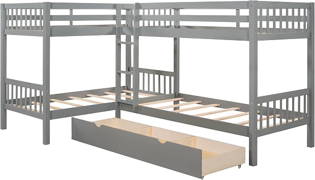 L-Shaped Bunk Beds for 4, Twin Over Twin Bunk Beds with Drawers, Solid Wood Triple Bunk Bed for Kids, Teens, Adults (Gray)