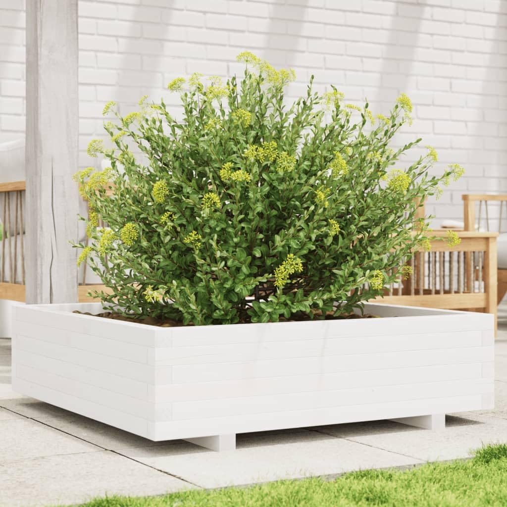 Macetero blanco de madera maciza de pino, 90 x 90 x 26,5 cm, bancal alto con drenaje para jardín, balcón, terraza, interior y exterior, como maceta y jardinera con almacenamiento de agua