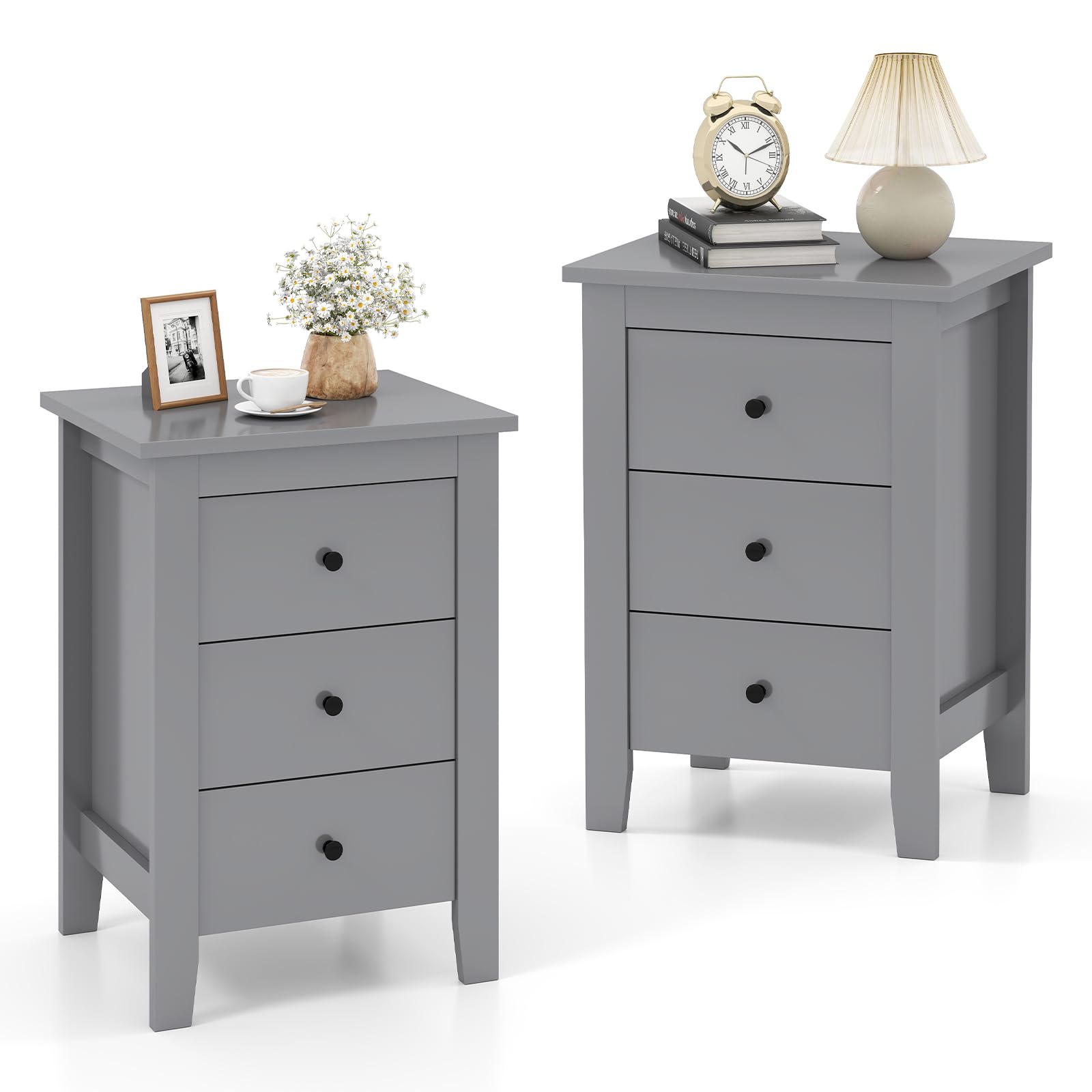 COSTWAY Bedside Table, Wooden Nightstand End Sofa Side Table with 3 Drawers, Modern Bedside Cabinet Accent Tea Tables Storage Unit for Living Room Bedroom Office (2, Grey)