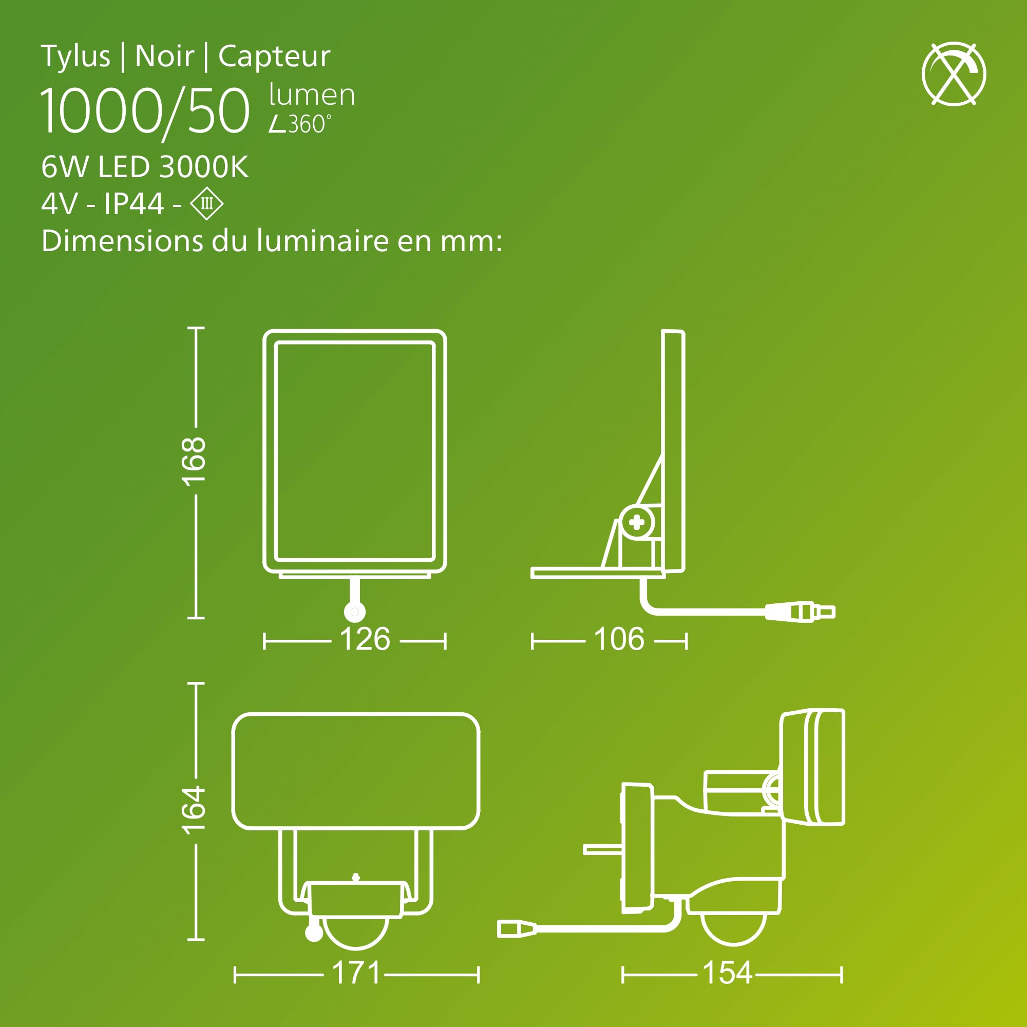 Image secondaire de Projecteur Extérieur Philips Tylus UltraEfficient avec Capteur - 5000 K, Noir