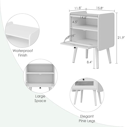 Miniatura 3 de Masupu Mesita de noche, mesa auxiliar moderna, mesita de noche con cajón de almacenamiento y estante de madera abierto, mesa auxiliar pequeña con