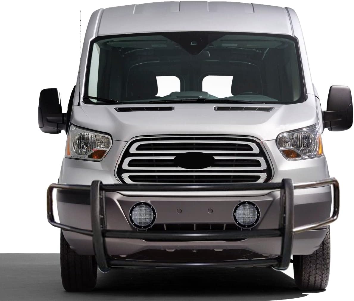 Black Horse SPARTAN Grille brush Bumper Guard Modular Black Come with Pair of 5.3"LED Light Compatible with 2020-2026 Ford Transit-350 HD 2WD/Transit-250 2WD/Transit-150 2WD Full Size-17FT20MA-PLFB