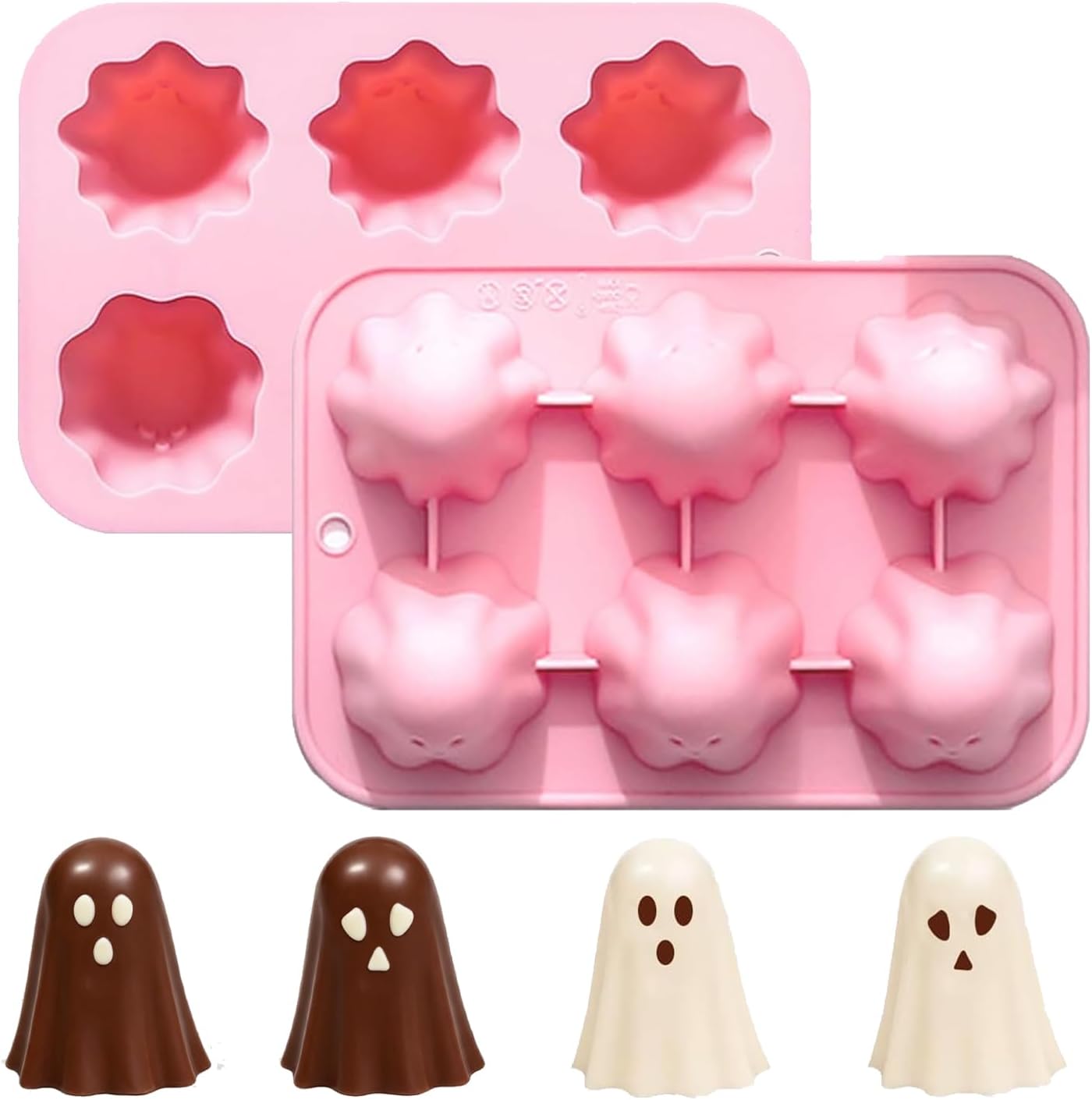 Ghost Chocolate Molds 2 Pack Pink Halloween Silicone Molds for 3D Chocolate, Candy, Muffin, Pudding, Ice Cubes, Gummy, Jello, Soap, Candle Crayon DIY Resin Crafts