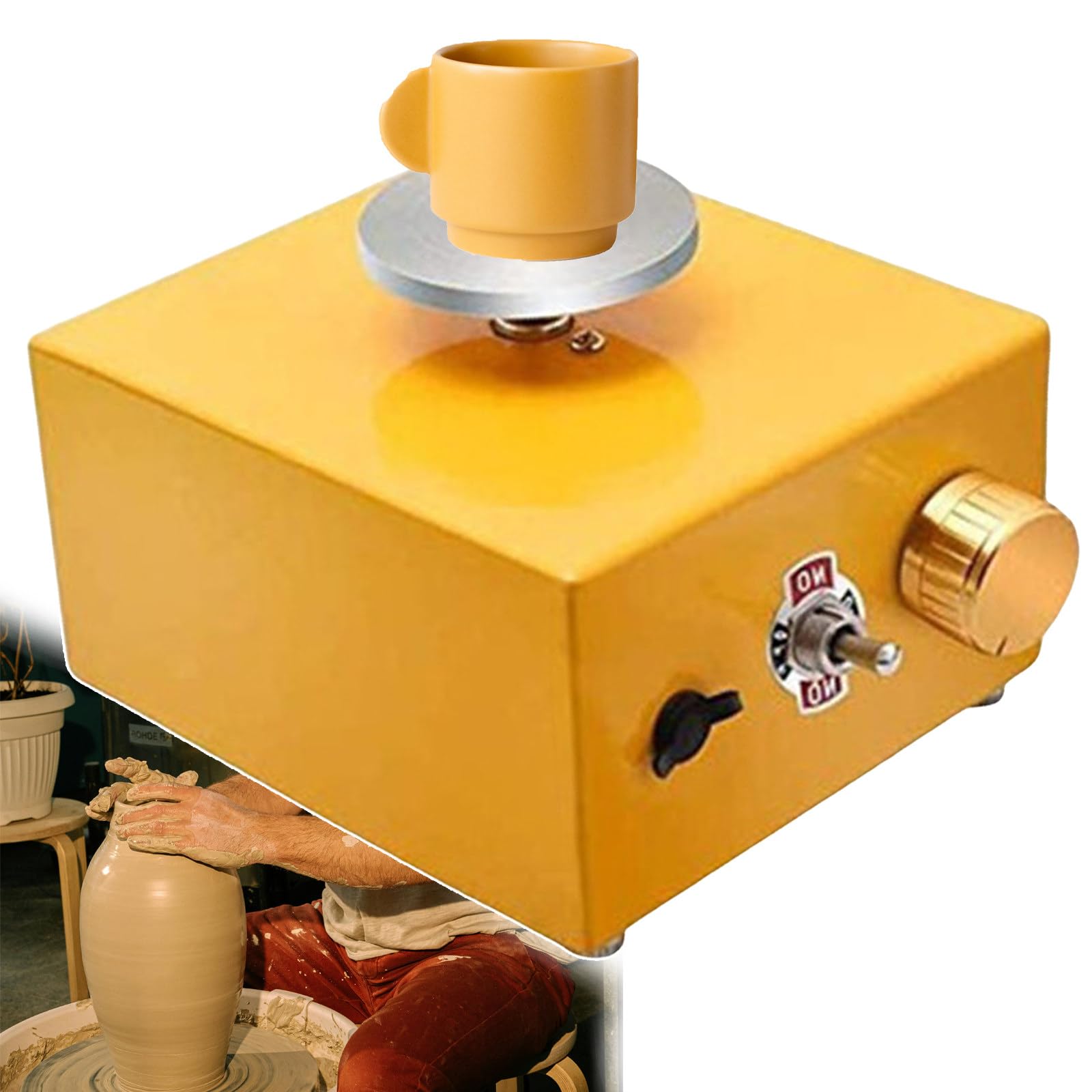 Koło garncarskie Narzędzia ceramiczne Maszyna do gliny z regulowaną prędkością/Miniaturowe koło garncarskie Narzędzia do rzeźbienia w drewnie DIY(Yellow)