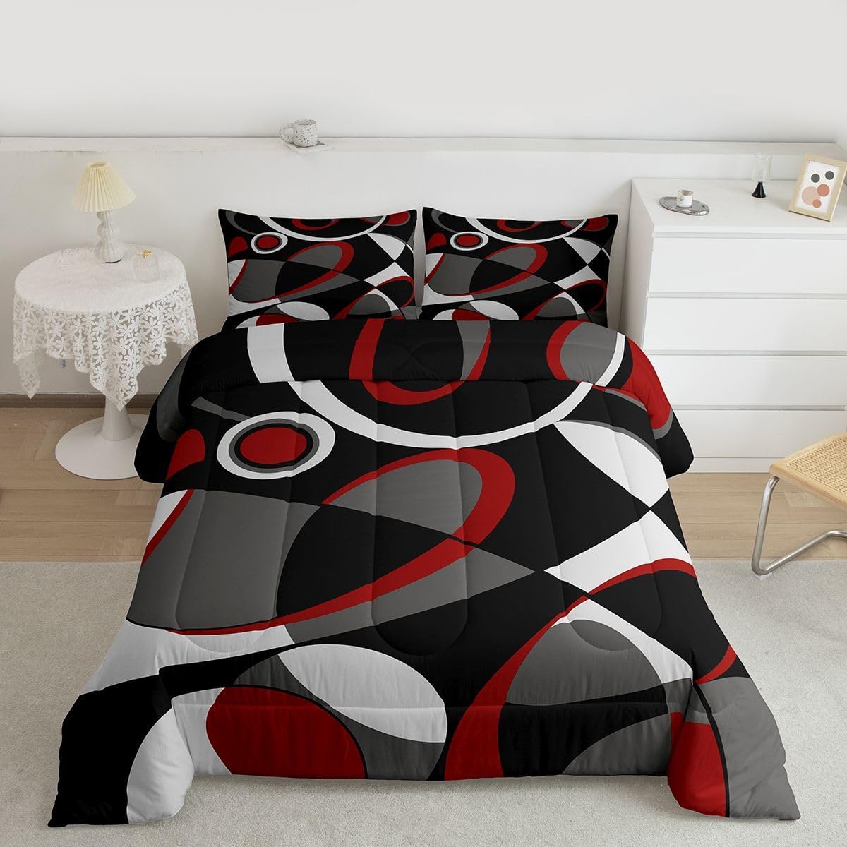 Red Grey Black Geometrics Comforter Retro Circle Geometrics Comforter Set Geometric Swirl Bedding Set for Kids Boys Girls Modern Abstract Art Duvet Set Room Decor Quilt Full Size Boys