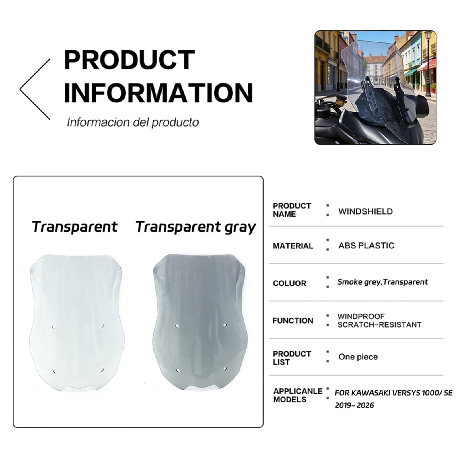 Szybka szyba motocyklowa Pasuje do KAWASAKI VERSYS 1000 SE | Podwyższony deflektor przedniej szyby motocykla(Transparent gray)