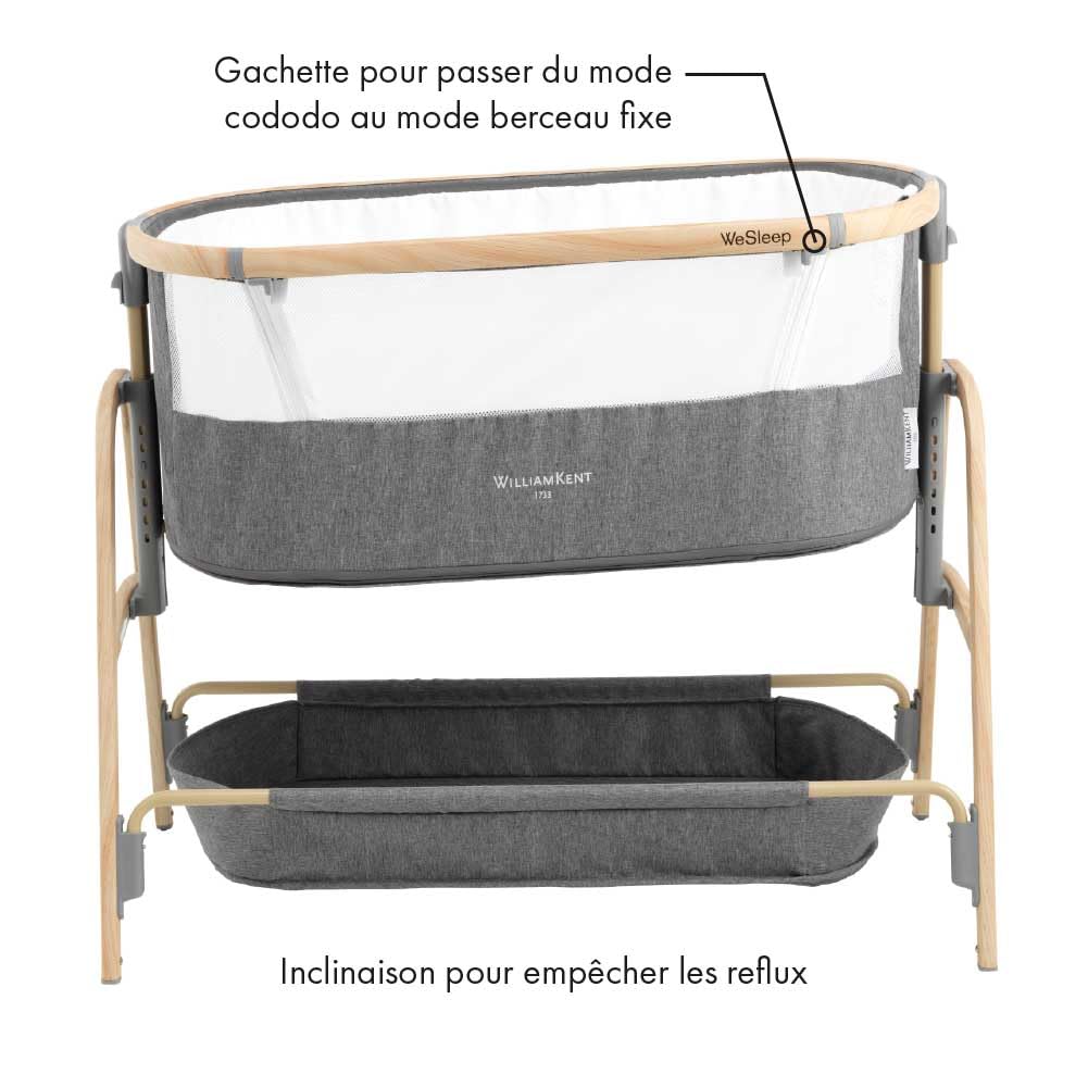 Lit bébé cododo Wesleep William Kent avec matelas 2,5cm, hauteur réglable 7 niveaux, fenêtre filet et sangles, panier rangement