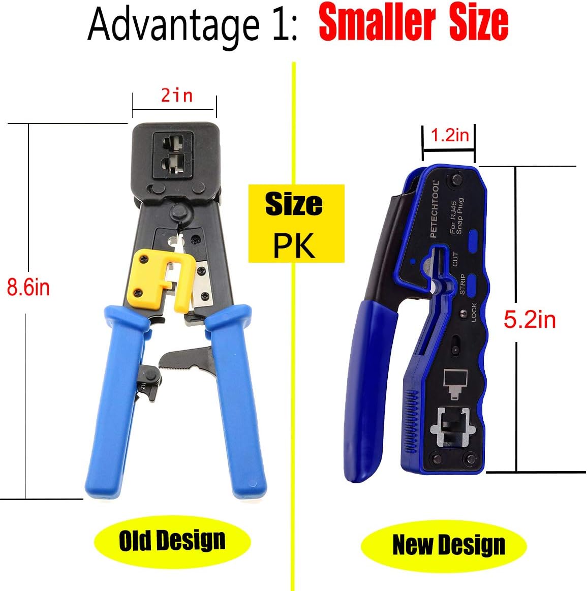 PETECHTOOL RJ45 Crimp Tool Pass Through Cutter for Cat6 Cat5 Cat5e 8P8C Modular Connectors All-in-one Wire Tool
