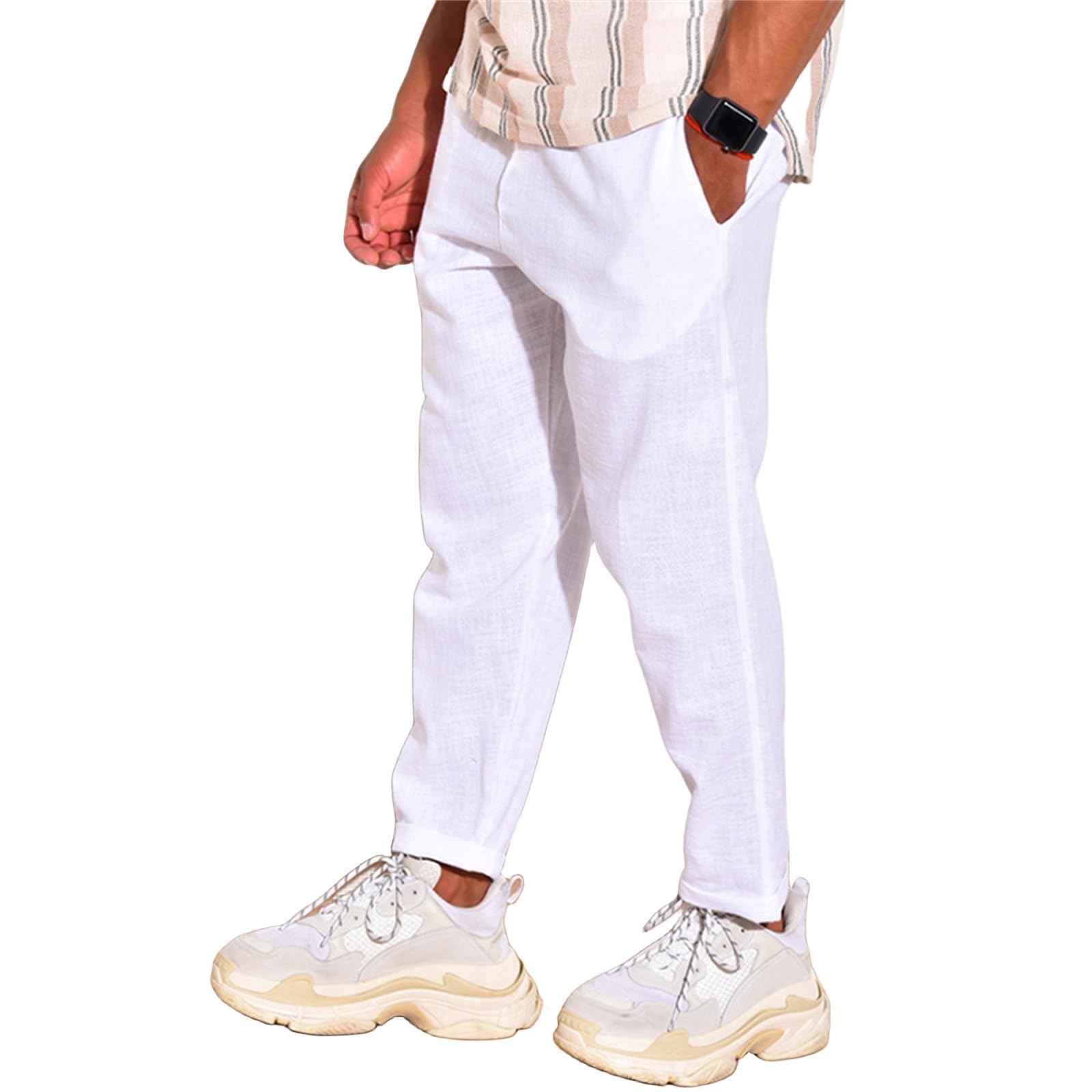 Mens Cotton Linen Casual Pants Drawstring Straight Elastic Waist Trousers Lightweight Slim Plaid Stretch Dress Pants