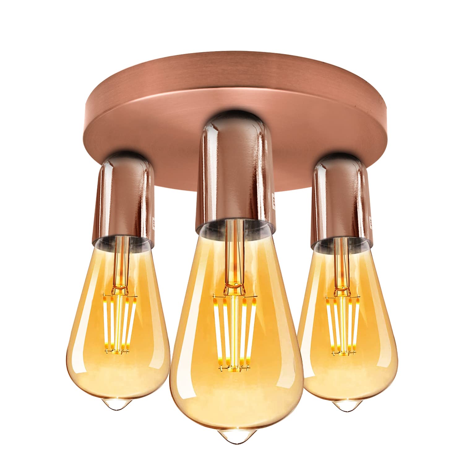 LEDSone Rose Gold Vintage Ceiling Light 3 Way Ceiling E27 Lamp Base with Bulb Semi Flush Ceiling Lamp for Industrial Kitchen Dining Room Living Room Balcony - Round Base