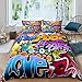 Feelyou Hippie Graffiti Duvet Cover Hip Hop Sports Bedding Set for Kids Boys Teens Rock Music Comforter Cover Set Trippy Abstract Art Quilt Cover with 2 Pillowcases Queen Size