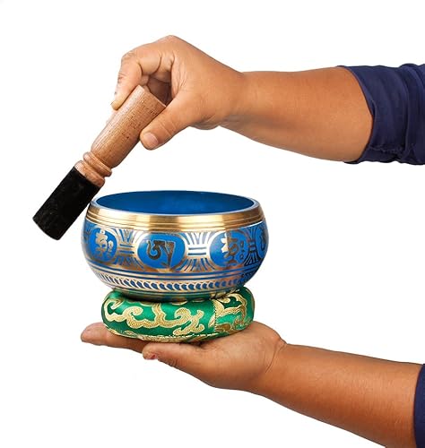 Miniatura 3 de Juego de cuencos tibetanos para cantar  Diseño azul frío  Maha Bodhi 5 pulgadas de ancho auténtico gong de meditación para relajación y curación de