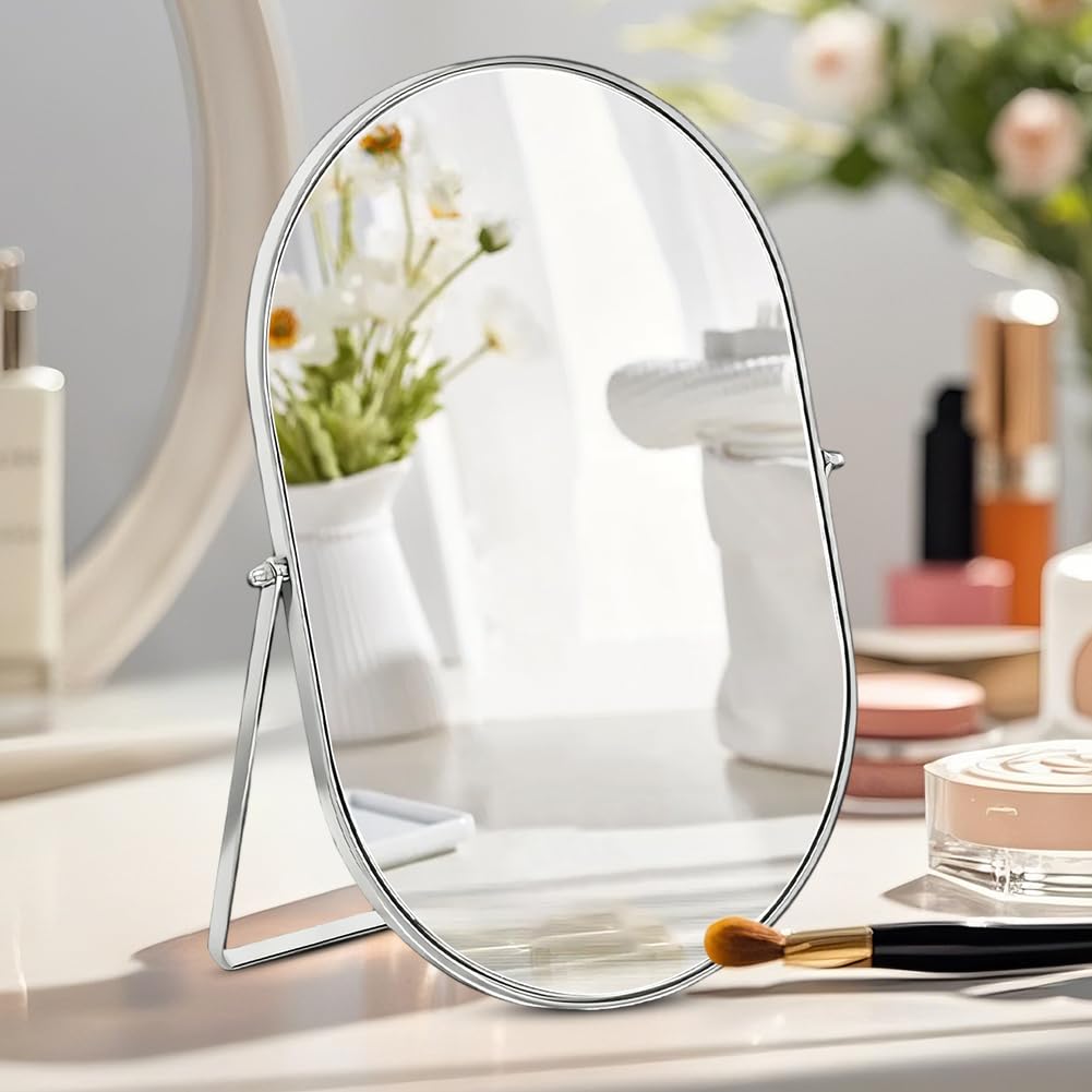 Makeup Mirror Oval Vanity Mirror Large Cosmetic Vanity Mirror Metal Frame with Stand 360° Swivel & Adjustable HD Definition Countertop Tabletop Mirrors for Vanity Dresser, Bathroom, Bedroom, Desk