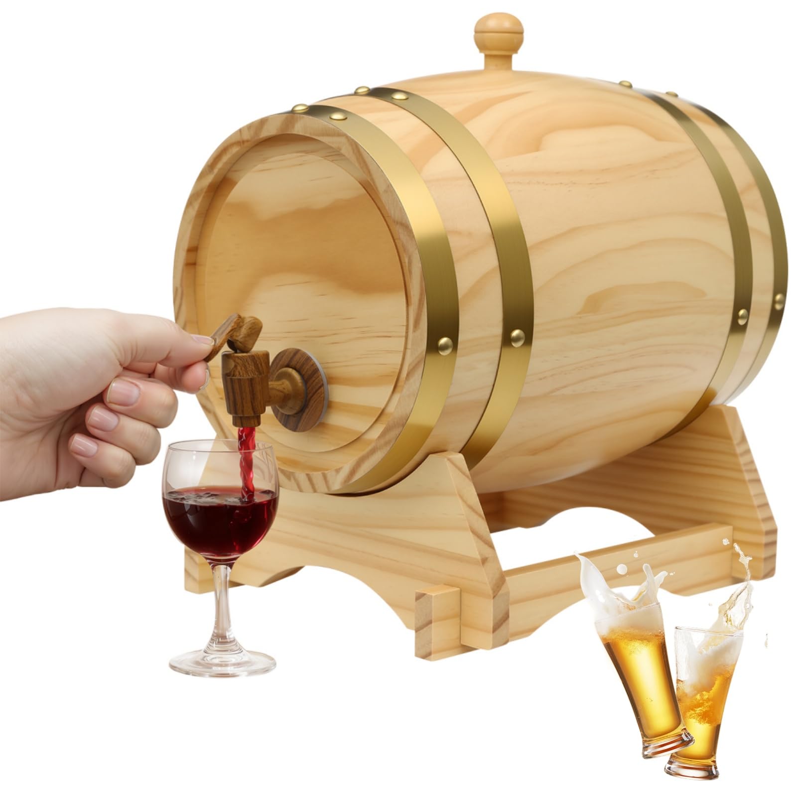 Tonneau de vin en pin de 5 l avec robinet et support, couleur