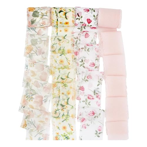 4 Styles Spring Floral Wired Edge Ribbon Fringe Chiffon Ribbon