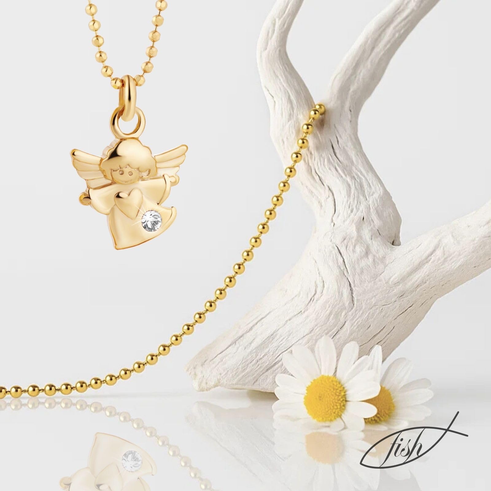 fish Kinderkette Mit Engel Anhänger Und Klaren Kristallen In Gold Optik
