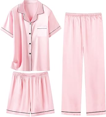 Schbbbta Girls 3 Pieces Pajamas Sets Silk Satin Sleepwear Button Down Short Sleeve Pjs Outfits