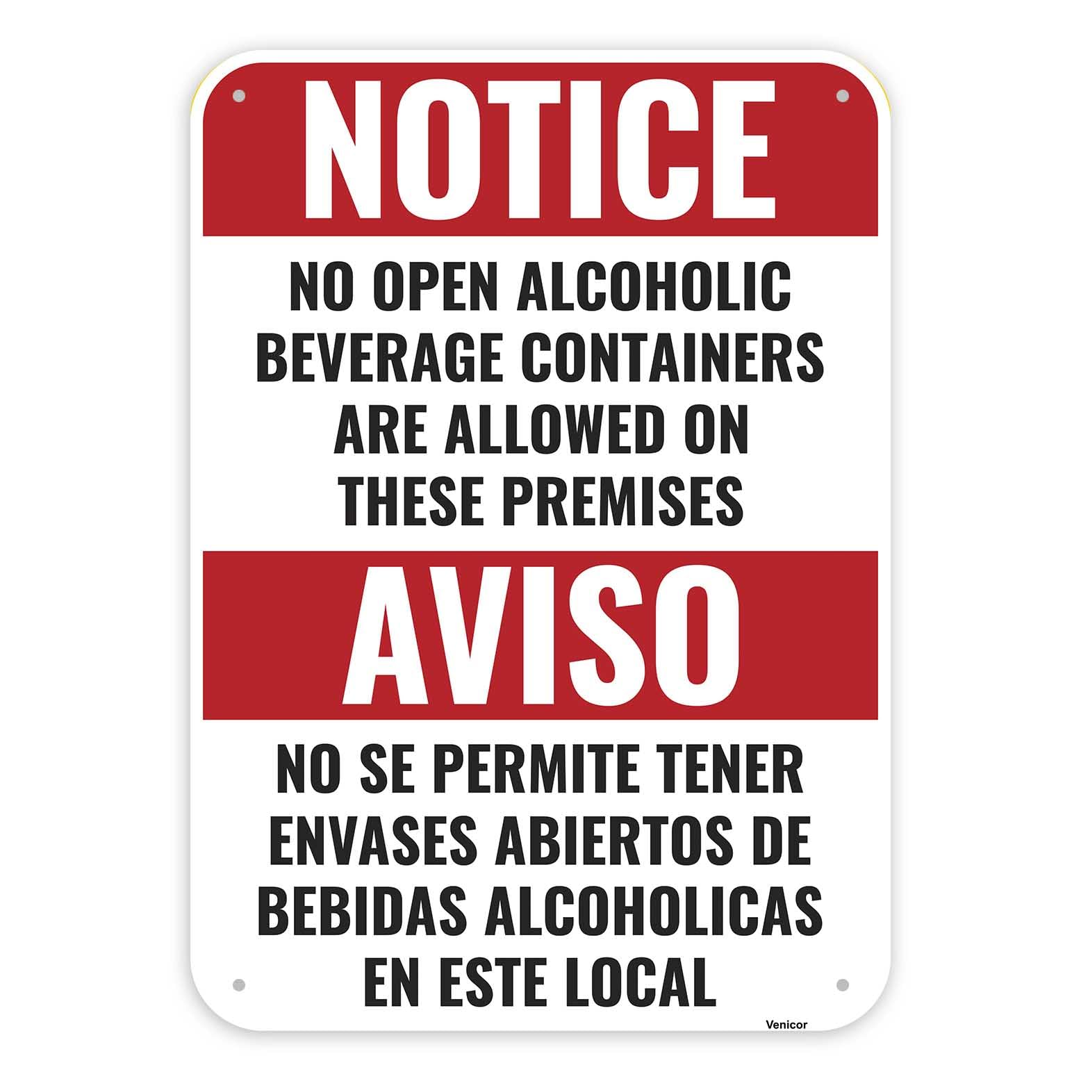 Bilingual No Alcohol Aluminum Sign, Property Prohibition Notice, 12x8 Inch