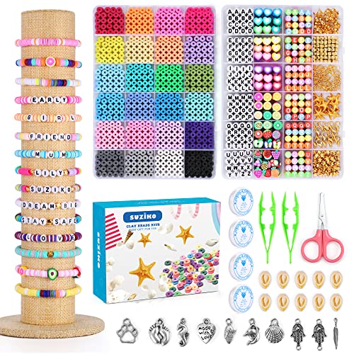 Suziko Bracelet Making Kit, 7400 Pcs Clay Beads Flat Round Clay Beads for Jewelry Making Crafts Gift for Girls Ages 3-12(2 Box)