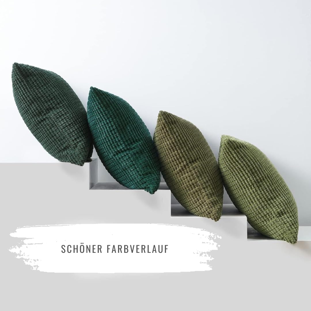 4er Set Kissen-Bezug inklusive Füllung, Modell Sven, Kord Samt Sofakissen Farbverlauf abgestimmit Couchkissen Dekokissen Zierkissen Kopfkissen, mit Reisverschluss, weich & angenehm (Grün, 50 x 50 cm)